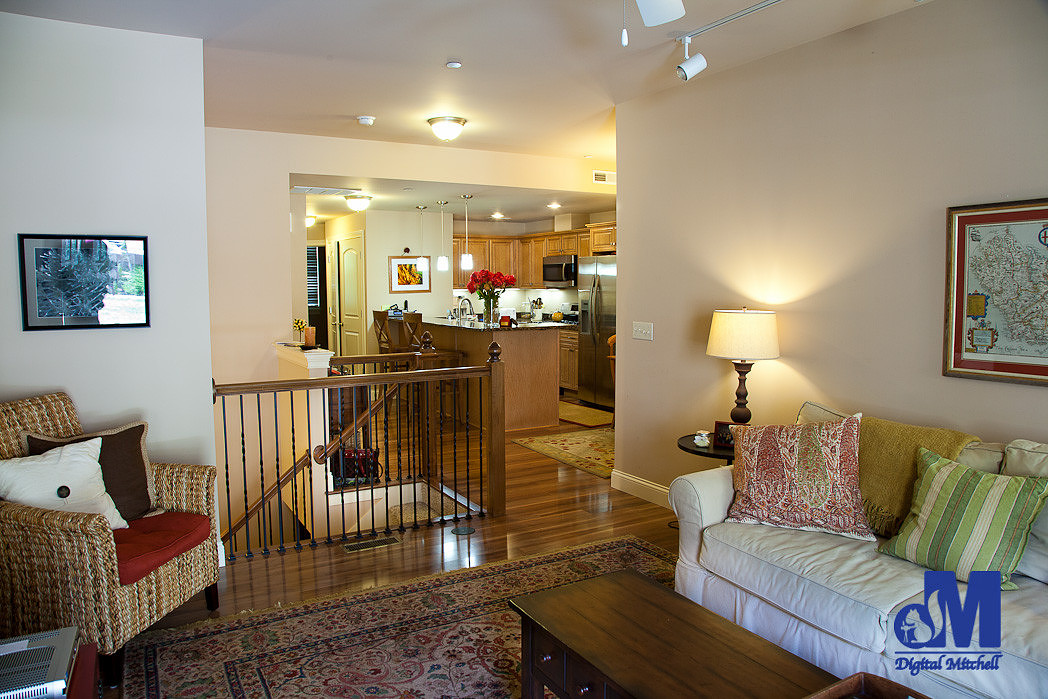 photograph of the family room and kitchen
