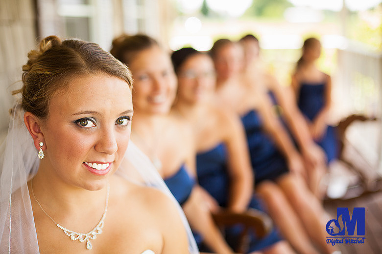 Photograph of brides with bridesmaids in background