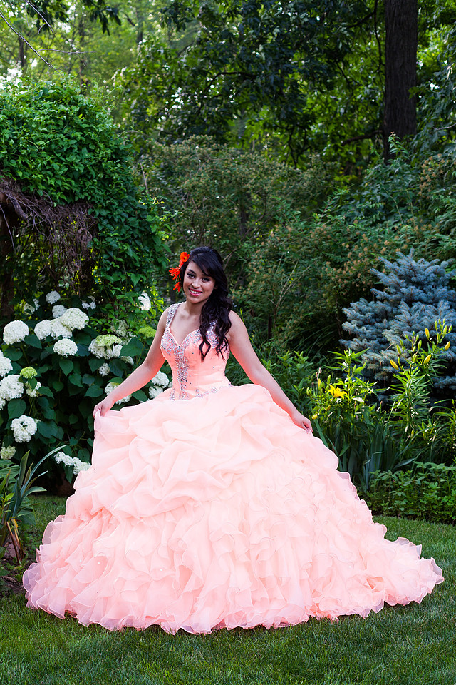 picture of a Quinceañera dress in a garden
