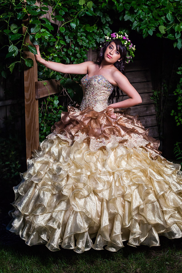 picture of gold and bronze Quinceañera dress