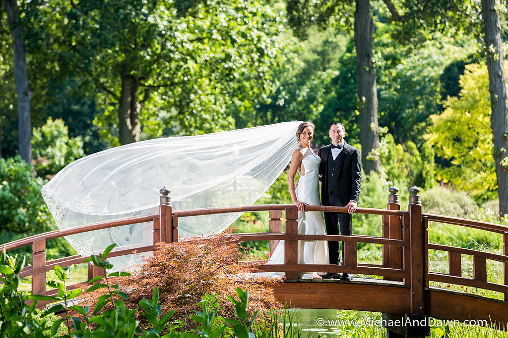image of bride with flowing long veil with her groom standing on a groom.