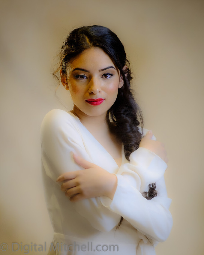 Dreamy image of a young lady with dark hair and red lips