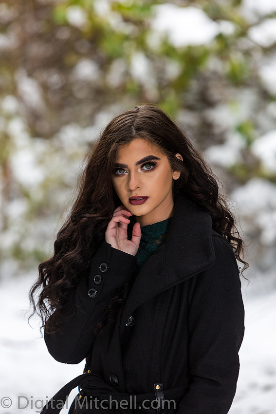 image of a Lovely young lady in a dark coat in the snow