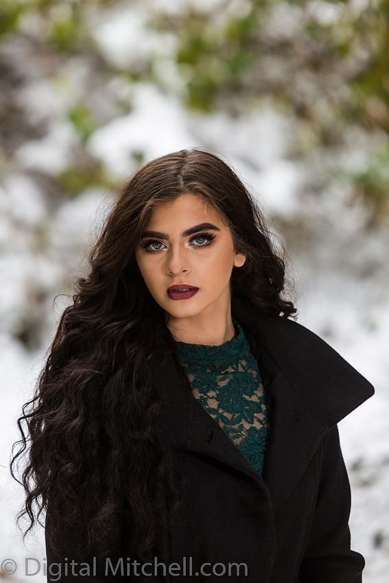Photograph Lovely young lady in a dark coat in the snow