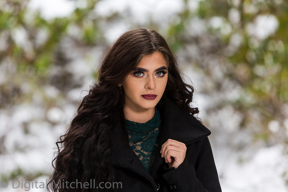 Photograph Lovely young lady in a dark coat in the snow