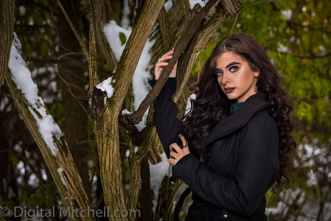 Photograph Lovely young lady in a dark coat in the snow