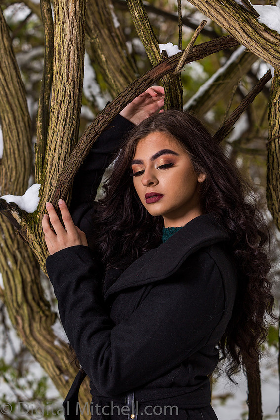 Photograph Lovely young lady in a dark coat in the snow