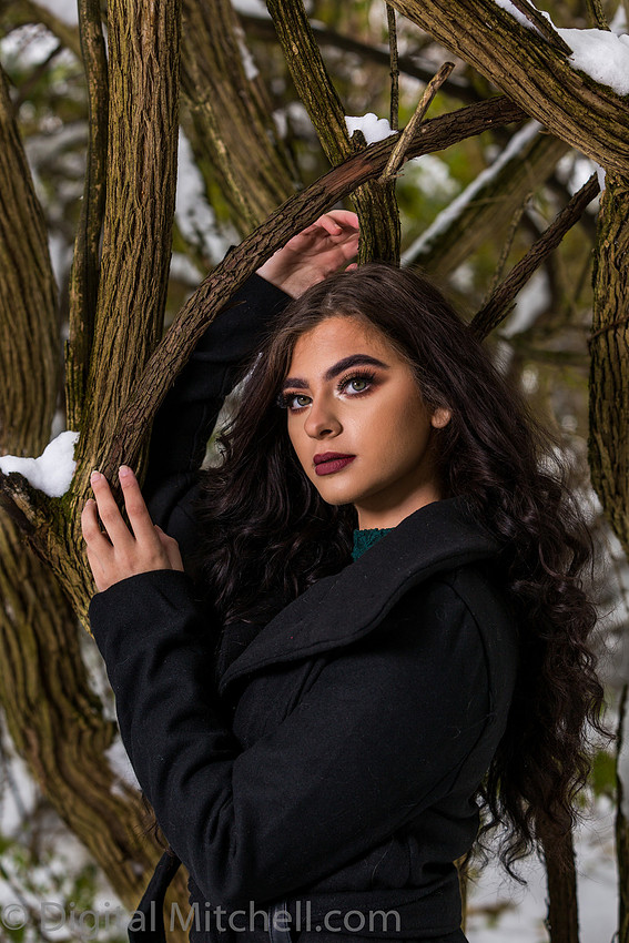 Photograph Lovely young lady in a dark coat in the snow