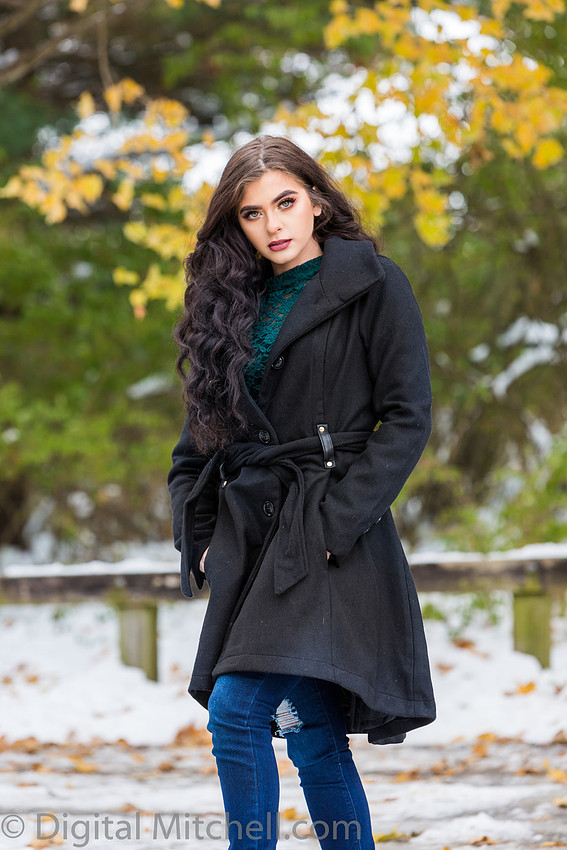Photograph Lovely young lady in a dark coat in the snow