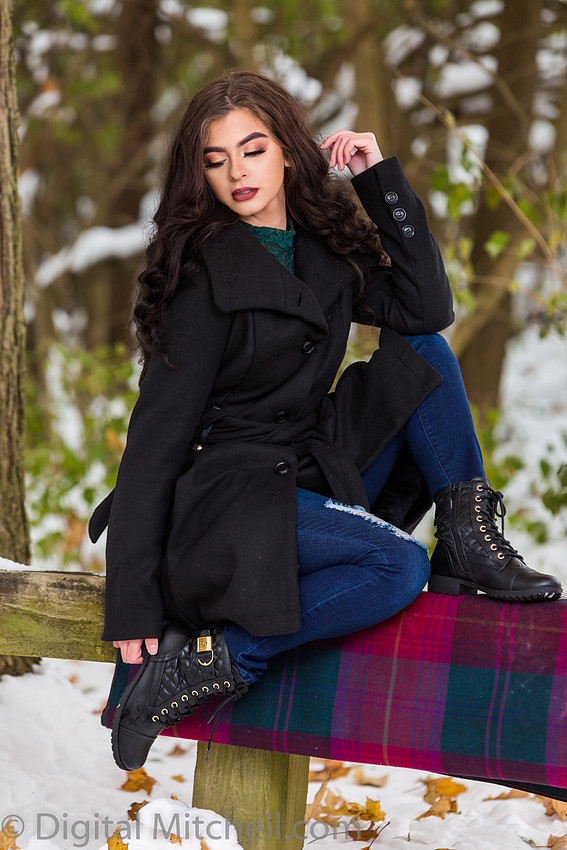 Photograph Lovely young lady in a dark coat in the snow