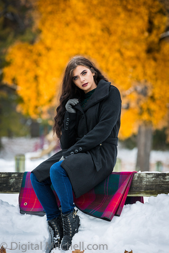 Photograph Lovely young lady in a dark coat in the snow