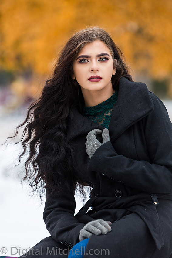 Photograph Lovely young lady in a dark coat in the snow