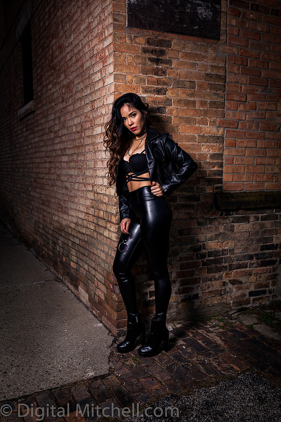 9Image of a Rocker Girl in black leather against a brick wall