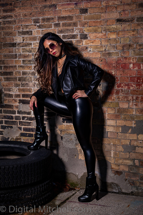 9Image of a Rocker Girl in black leather against a brick wall